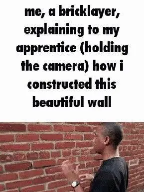 Me, a bricklayer, explaining to my apprentice (holding the camera) how I constructed this beautiful wall: man talking to wall