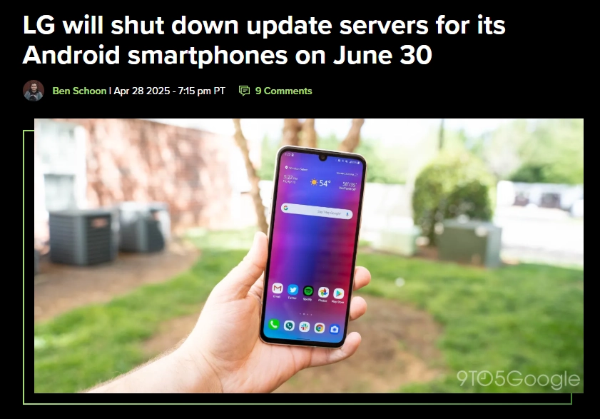 Article titled "LG will shut down update servers for its Android smartphones on June 30"