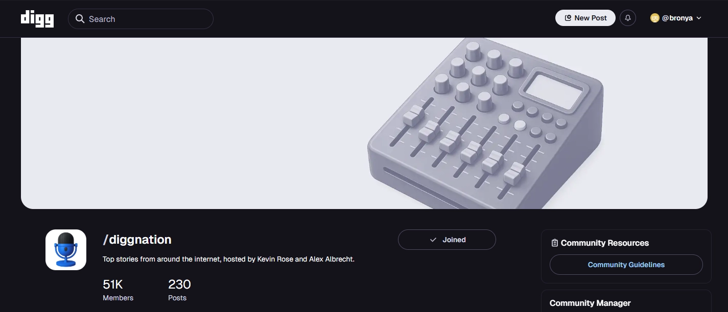 A screenshot of the DiggNation community on Digg. The banner is an AI-generated audio mixer and the icon is an AI-generated microphone.
